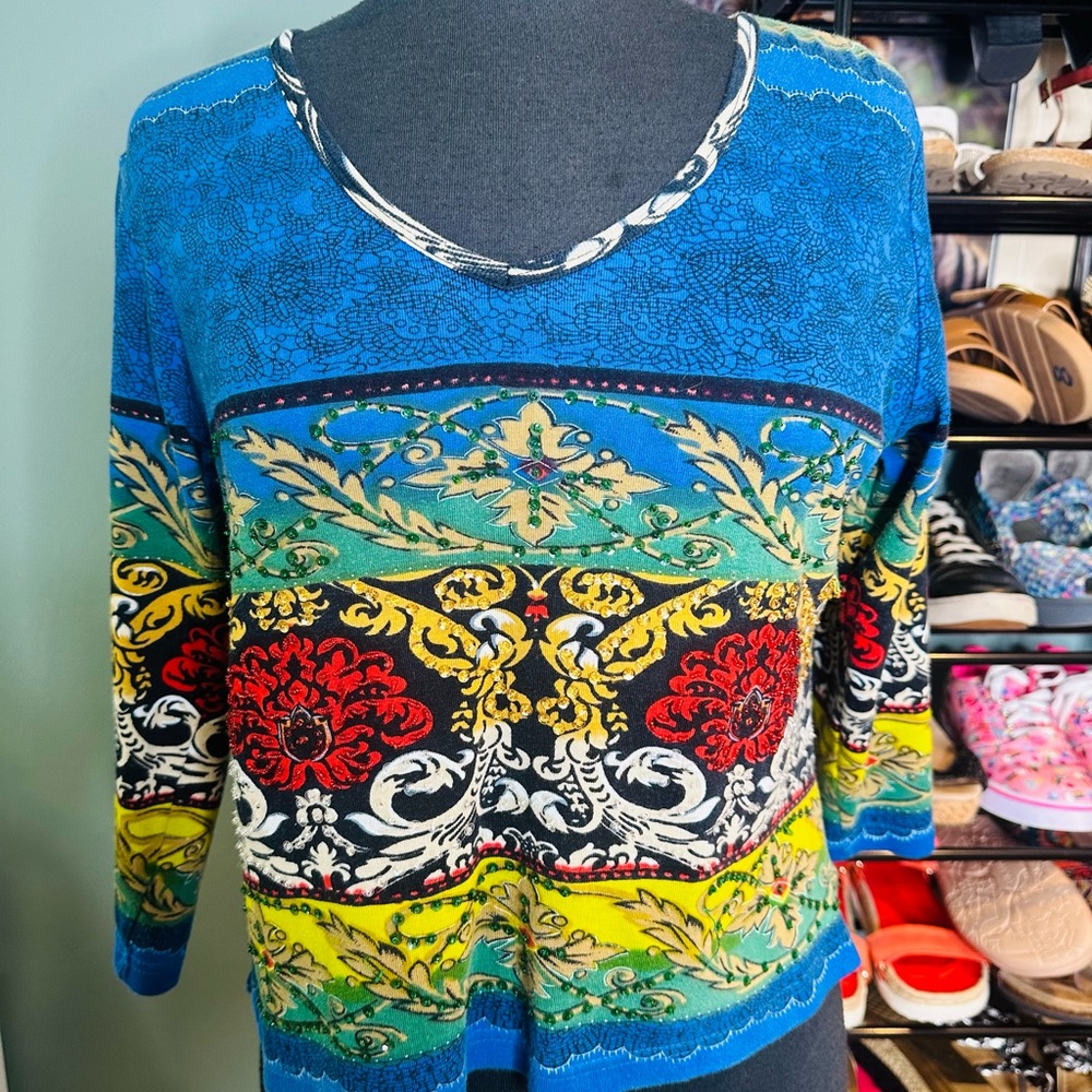 Le Mieux Studio 100% Cotton Colorful Art to Wear Blouse Size Medium